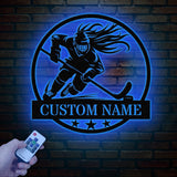 Personalized Girl Ice Hockey Metal Wall Art LED Light, Custom Hockey Player Stick Sign, Sports Wall Art, Gift for Hockey Lovers