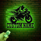 Custom Motorcycle Sign with LED Lights - Motorbike Metal Wall Art - Personalized Biker Name Sign - Housewarming & Father's Day Gift