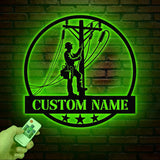 Custom US Lineman Metal Wall Art with LED Light, Personalized Electrical Worker Name Sign, Electrician Home Decor, Birthday Gifts, Dad Gifts
