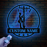 Custom US Lineman Metal Wall Art with LED Light, Personalized Electrical Worker Name Sign, Electrician Home Decor, Birthday Gifts, Dad Gifts