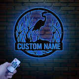 Custom Metal Heron Metal Sign with Led Lights, Personalized Heron Sign, Metal Heron Bird Art, Blue Heron Decor, Pond Decor, Beach Lake Sign