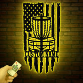 Personalized US Flag Disc Golf Metal Sign with LED Lights, Custom Disc Golfer Name Sign, Sports Wall Art, Gift for Dad, Home Decor