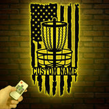 Personalized US Flag Disc Golf Metal Sign with LED Lights, Custom Disc Golfer Name Sign, Sports Wall Art, Gift for Dad, Home Decor