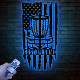 Personalized US Flag Disc Golf Metal Sign with LED Lights, Custom Disc Golfer Name Sign, Sports Wall Art, Gift for Dad, Home Decor