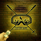 Custom Snowboarding Metal Wall Art, Personalized Ski Goggles Sign, Mountain Skiing Decor, Snowboarder Gift, LED Light Home Wall Art