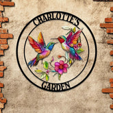 Personalized two hummingbirds flying among flowers, Hummingbird Name Metal Sign, Garden Sign, Outdoor Grave Marker, Garden Decor