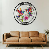 Personalized two hummingbirds flying among flowers, Hummingbird Name Metal Sign, Garden Sign, Outdoor Grave Marker, Garden Decor