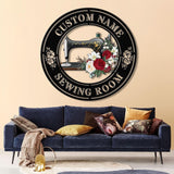 Custom Sewing Room Metal Sign, Personalized Quilting Sign with Flowers, Gift for Grandma, Embroidery Machine Decor, Craft Room Wall Art