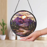 Mountain Sunset Stained Glass Suncatcher, Scenic Window Hanging Decor, Nature-Inspired Glass Art, Forest Landscape Gift, Rustic Home Accent
