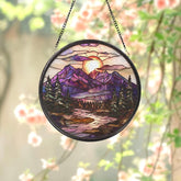 Mountain Sunset Stained Glass Suncatcher, Scenic Window Hanging Decor, Nature-Inspired Glass Art, Forest Landscape Gift, Rustic Home Accent