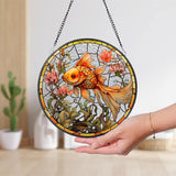 Goldfish Stained Glass Suncatcher, Floral Wreath Sign, Under The Sea Window Hangings For Garden, Mother's Day Gift, Goldfish Ornament