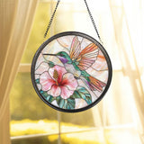 Hummingbird & Hibiscus Glass Wall Hanging, Floral Suncatcher Decor, Garden Window Accent, Perfect Gift for Bird and Flower Lovers