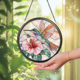Hummingbird & Hibiscus Glass Wall Hanging, Floral Suncatcher Decor, Garden Window Accent, Perfect Gift for Bird and Flower Lovers