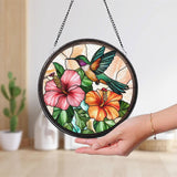 Hummingbird and Hibiscus Glass Window Hanging, Tropical Bird and Flower Suncatcher, Garden Decor, Handmade Gift for Nature Lovers