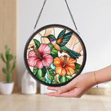 Hummingbird and Hibiscus Glass Window Hanging, Tropical Bird and Flower Suncatcher, Garden Decor, Handmade Gift for Nature Lovers