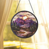 Mountain Sunset Stained Glass Suncatcher, Scenic Window Hanging Decor, Nature-Inspired Glass Art, Forest Landscape Gift, Rustic Home Accent