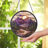 Mountain Sunset Stained Glass Suncatcher, Scenic Window Hanging Decor, Nature-Inspired Glass Art, Forest Landscape Gift, Rustic Home Accent