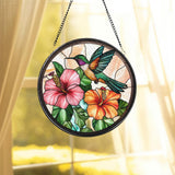 Hummingbird and Hibiscus Glass Window Hanging, Tropical Bird and Flower Suncatcher, Garden Decor, Handmade Gift for Nature Lovers