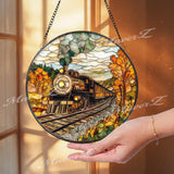 Autumn Train Suncatcher: Vintage Locomotive Stained Glass Window Panel