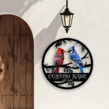 Personalized Cardinal and Blue Jay Metal Sign, Custom Bird Couple Name Sign, Round Wall Decor for Nature Lovers, Family Gift