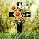 Sunflower Cross Memorial Garden Stake, Personalized Grave Marker with Dove and Name, Outdoor Remembrance Tribute