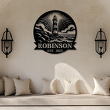 Custom Lighthouse Metal Sign, Personalized Coastal Wall Art with Family Name and Year, Nautical Decor for Beach House or Porch