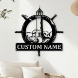 Custom Nautical Lighthouse Metal Sign with Ship Wheel, Personalized Coastal Name Sign, Ocean Theme Decor for Beach House or Boat