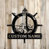 Custom Nautical Lighthouse Metal Sign with Ship Wheel, Personalized Coastal Name Sign, Ocean Theme Decor for Beach House or Boat