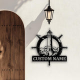 Custom Nautical Lighthouse Metal Sign with Ship Wheel, Personalized Coastal Name Sign, Ocean Theme Decor for Beach House or Boat