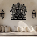 Om Mani Padme Hum Metal Wall Art, Buddha Sitting on Lotus with Mandala Background, Spiritual Home Decor for Meditation or Yoga Room