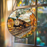 Autumn Train Suncatcher: Vintage Locomotive Stained Glass Window Panel