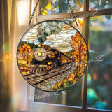 Autumn Train Suncatcher: Vintage Locomotive Stained Glass Window Panel