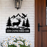 Deer Cabin Address Sign, Custom Metal House Number Plaque with Mountains & Pines, Rustic Outdoor Decor for Lodge, Camp, or Forest Home