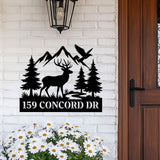 Deer Cabin Address Sign, Custom Metal House Number Plaque with Mountains & Pines, Rustic Outdoor Decor for Lodge, Camp, or Forest Home