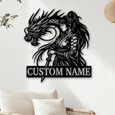 Custom Dragon Warrior Metal Sign, Personalized Female Samurai Wall Art, Fantasy Dragon Name Plate, Unique Gift for Gamers or Anime Fans
