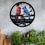 Personalized Cardinal and Blue Jay Metal Sign, Custom Bird Couple Name Sign, Round Wall Decor for Nature Lovers, Family Gift
