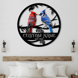 Personalized Cardinal and Blue Jay Metal Sign, Custom Bird Couple Name Sign, Round Wall Decor for Nature Lovers, Family Gift