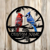 Personalized Cardinal and Blue Jay Metal Sign, Custom Bird Couple Name Sign, Round Wall Decor for Nature Lovers, Family Gift