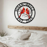 Personalized Cardinal Couple Metal Sign, Custom Name Bird Wall Art with EST Date, Winter Love Gift, Anniversary or Wedding Decor