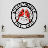 Personalized Cardinal Couple Metal Sign, Custom Name Bird Wall Art with EST Date, Winter Love Gift, Anniversary or Wedding Decor