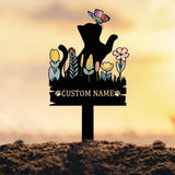 Custom Cat Garden Stake with Butterfly and Flowers, Personalized Metal Yard Sign for Cat Lovers, Outdoor Garden Decor