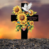 Sunflower Cross Memorial Garden Stake, Personalized Grave Marker with Dove and Name, Outdoor Remembrance Tribute