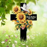 Sunflower Cross Memorial Garden Stake, Personalized Grave Marker with Dove and Name, Outdoor Remembrance Tribute