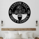 Personalized Garden Metal Sign, Custom Plant Name Sign with Monstera Leaf, Round Outdoor Garden Decor, Gift for Plant Lovers