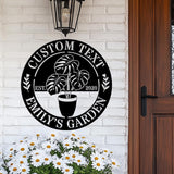 Personalized Garden Metal Sign, Custom Plant Name Sign with Monstera Leaf, Round Outdoor Garden Decor, Gift for Plant Lovers