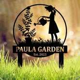 Personalized Garden Name Sign with Girl Watering Plants, Custom Metal Yard Stake, Outdoor Garden Decor Gift for Her or Mom