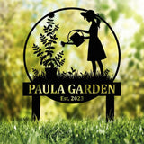 Personalized Garden Name Sign with Girl Watering Plants, Custom Metal Yard Stake, Outdoor Garden Decor Gift for Her or Mom