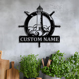 Custom Nautical Lighthouse Metal Sign with Ship Wheel, Personalized Coastal Name Sign, Ocean Theme Decor for Beach House or Boat