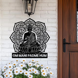 Om Mani Padme Hum Metal Wall Art, Buddha Sitting on Lotus with Mandala Background, Spiritual Home Decor for Meditation or Yoga Room
