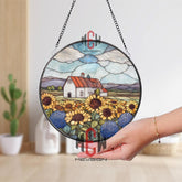 Sunflower Farm Stained Glass Suncatcher, Round Country Window Panel, Rustic Barn Scene Decor, Floral Summer Landscape Hanging Art